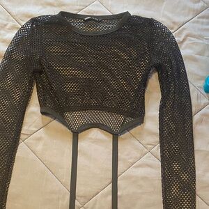 SHEIN Black Mesh Long Sleeve Crop Top